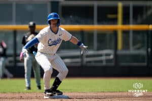 Creighton Bluejay Nate McHugh (5) celebrates double during a college baseball game vs Georgetown on Sunday, May 10, 2026, in Omaha, Nebraska. Photo by Jackson D. Luethje.