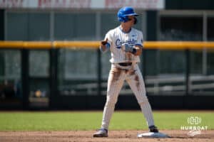 Creighton Bluejay Ben North (11) steals second base during a college baseball game vs Georgetown on Sunday, May 10, 2026, in Omaha, Nebraska. Photo by Jackson D. Luethje.