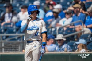 Creighton Bluejay Ben North (11) communicates with team during a college baseball game vs Georgetown on Sunday, May 10, 2026, in Omaha, Nebraska. Photo by Jackson D. Luethje.