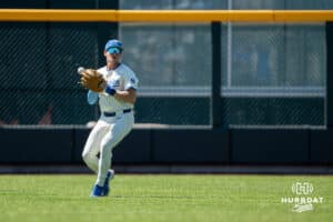 Creighton Bluejay Teddy Deters bobbles ball during a college baseball game vs Georgetwon on Sunday, May 10, 2026, in Omaha, Nebraska. Photo by Jackson D. Luethje.