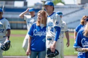 Creighton Bluejay Robert O'Malley (41) with mom during a college baseball game Sunday, May 10, 2026, in Omaha, Nebraska. Photo by Jackson D. Luethje.