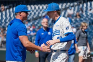 Creighton Bluejay Robert O'Malley (41) senior day during a college baseball game Sunday, May 10, 2026, in Omaha, Nebraska. Photo by Jackson D. Luethje.