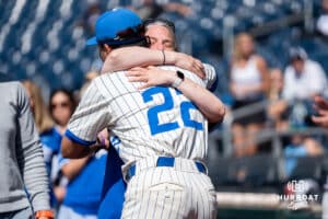 Creighton Bluejay Chris Baillargeon (22) with mom during senior day during a college baseball game Sunday, May 10, 2026, in Omaha, Nebraska. Photo by Jackson D. Luethje.