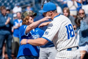 Creighton Bluejay Joe Hauser (18) with mom during a college baseball game Sunday, May 10, 2026, in Omaha, Nebraska. Photo by Jackson D. Luethje.