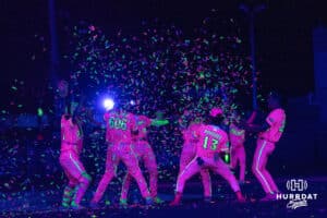 Chili Peppers are celebrating during a Cosmic Baseball game on Saturday, May 9, 2026, in Omaha, Neb. Photo by Jandi Green.