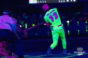 Glow Moji's Wilson (12) at bat during a Cosmic Baseball game on Saturday, May 9, 2026, in Omaha, Neb. Photo by Jandi Green.