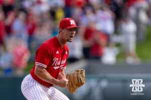 Nebraska Cornhusker pitcher Tucker Timmerman (32) celebrates the last out for the win over the Iowa Hawkeyes in the ninth inning during a college baseball game on Saturday, May 9, 2026, in Lincoln, Neb. Photo by John S. Peterson.