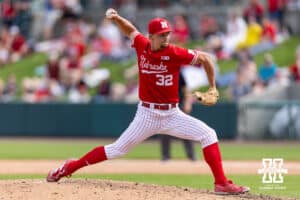 Nebraska Cornhusker pitcher Tucker Timmerman (32) throws a pitch in the ninth inning during a college baseball game on Saturday, May 9, 2026, in Lincoln, Neb. Photo by John S. Peterson.
