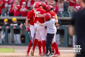 Nebraska Cornhusker Dylan Carey (15) celebrates his three run home run in the eigthth inning against the Iowa Hawkeyes during a college baseball game on Saturday, May 9, 2026, in Lincoln, Neb. Photo by John S. Peterson.