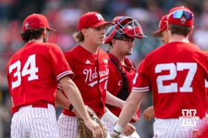 Nebraska Cornhusker pitcher Colin Nowaczyk (47) heads to the dugout after shutting down the Iowa Hawkeyes in the eighth inning during a college baseball game on Saturday, May 9, 2026, in Lincoln, Neb. Photo by John S. Peterson.