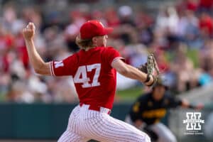 Nebraska Cornhusker pitcher Colin Nowaczyk (47) throws a pitch against the Iowa Hawkeyes in the eighth inning during a college baseball game on Saturday, May 9, 2026, in Lincoln, Neb. Photo by John S. Peterson.