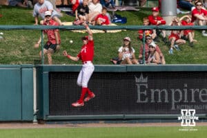 Nebraska Cornhusker infielder Jett Buck (1) misses making the catch in the eighth inning against the Iowa Hawkeyes during a college baseball game on Saturday, May 9, 2026, in Lincoln, Neb. Photo by John S. Peterson.