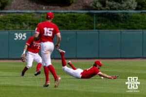 Nebraska Cornhusker infielder Jett Buck (1) misses catching the ball diving for the ball against the Iowa Hawkeyes. in eigthth inning during a college baseball game on Saturday, May 9, 2026, in Lincoln, Neb. Photo by John S. Peterson.
