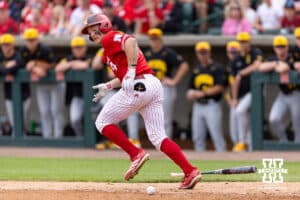 Nebraska Cornhusker Josh Overbeek (4) watches the ball after grounding out against the Iowa Hawkeyes in the seventh inning during a college baseball game on Saturday, May 9, 2026, in Lincoln, Neb. Photo by John S. Peterson.