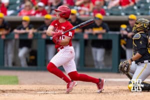 Nebraska Cornhusker outfielder Drew Grego (10) doubles in the seventh inning against the Iowa Hawkeyes during a college baseball game on Saturday, May 9, 2026, in Lincoln, Neb. Photo by John S. Peterson.