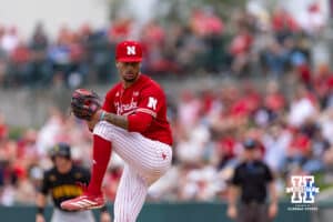 Nebraska Cornhusker pitcher J'shawn Unger (37) throws a pitch against the Iowa Hawkeyes in the seventh inning during a college baseball game on Saturday, May 9, 2026, in Lincoln, Neb. Photo by John S. Peterson.
