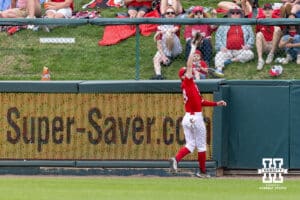 Nebraska Cornhusker outfielder Mac Moyer (17) makes a catch for an out against the Iowa Hawkeyes in the seventh inning during a college baseball game on Saturday, May 9, 2026, in Lincoln, Neb. Photo by John S. Peterson.