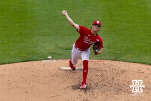 Nebraska Cornhusker pitcher Ty Horn (2) throws a pitch against the Iowa Hawkeyes in the fifth inning during a college baseball game on Saturday, May 9, 2026, in Lincoln, Neb. Photo by John S. Peterson.