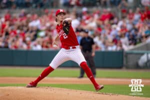 Nebraska Cornhusker pitcher Ty Horn (2) throws a pitch in the first inning against the Iowa Hawkeyes during a college baseball game on Saturday, May 9, 2026, in Lincoln, Neb. Photo by John S. Peterson.