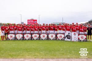 Nebraska Cornhuskers celebrates their seniors before taking on the Iowa Hawkeyes during a college baseball game on Saturday, May 9, 2026, in Lincoln, Neb. Photo by John S. Peterson.