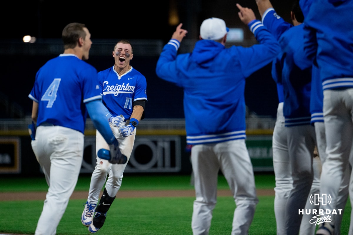 Creighton v Kansas college baseball | Mar. 05, 2026 Creighton Bluejay Ben North (11) celebrates a walk-off home run with his teammates during a college baseball game against the Kansas Jayhawks on Tuesday, May 5, 2026, in Omaha, Nebraska. Photo by Braden Cochran.