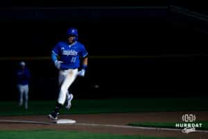 Creighton baserunner Ben North (11) rounds third base on his way to home plate after a walk off home run during a college baseball game against the Kansas Jayhawks on Tuesday, May 5, 2026, in Omaha, Nebraska. Photo by Braden Cochran.