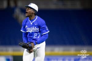 Creighton pitcher Anthony Unga (27) celebrates another strikeout against a Kansas batter during a college baseball game on Tuesday, May 5, 2026, in Omaha, Neb. Photo by Braden Cochran.