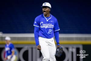 Creighton pitcher Anthony Unga (27) celebrates after a final strike to extend the game to another inning during a college baseball game against the Kansas Jayhawks on Tuesday, May 5, 2026, in Omaha, Nebraska. Photo by Braden Cochran.