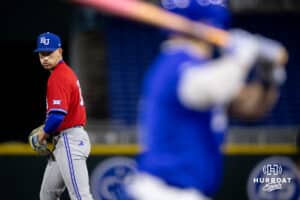 Kansas pitcher Toby Scheidt (15) prepares to throw the next pitch against Creighton during a college baseball game on Tuesday, May 5, 2026, in Omaha, Neb. Photo by Braden Cochran.