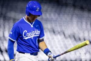 Creighton Bluejay batter Isaac Wachsmann (6) moves through his routine in the batters box before his next attempt at bat during a college baseball game against the Kansas Jayhawks on Tuesday, May 5, 2026, in Omaha, Nebraska. Photo by Braden Cochran.