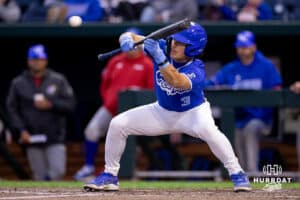Creighton batter Lew Rice (3) attempts a bunt during a college baseball game against the Kansas Jayhawks on Tuesday, May 5, 2026, in Omaha, Nebraska. Photo by Braden Cochran.