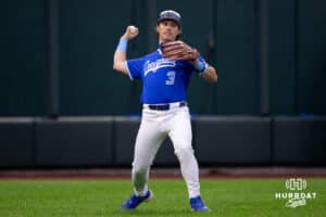 Creighton Blujay outfielder Lew Rice (3) throws the ball back to the in field to try and make a play during a college baseball game against the Kansas Jayhawks on Tuesday, May 5, 2026, in Omaha, Nebraska. Photo by Braden Cochran.