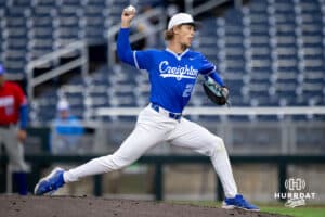 Creighton pitcher Ian Koosman (24) throws a pitch agianst the Kansas Jayhawks during a college baseball game against the Kansas Jayhawks on Tuesday, May 5, 2026, in Omaha, Nebraska. Photo by Braden Cochran.