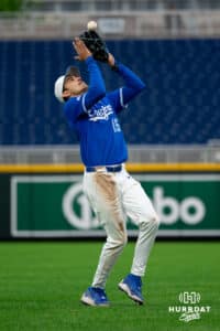 Creighton third baseman Rocco Gump (15) catches a pop fly against the Kansas Jayhawks during a college baseball game against the Kansas Jayhawks on Tuesday, May 5, 2026, in Omaha, Nebraska. Photo by Braden Cochran.