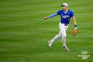 Creighton outfielder Teddy Deters (4) watches the ball hit direction during a college baseball game against the Kansas Jayhawks on Tuesday, May 5, 2026, in Omaha, Nebraska. Photo by Braden Cochran.