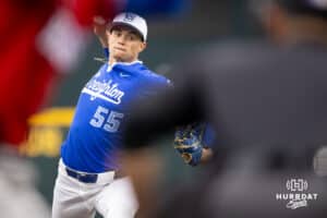 Creighton Bluejay pitcher Max McClellan (55) throws a pitch during a college baseball game against the Kansas Jayhawks on Tuesday, May 5, 2026, in Omaha, Nebraska. Photo by Braden Cochran.