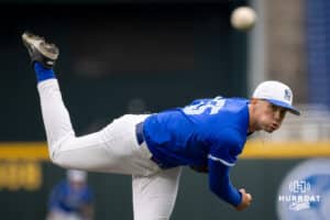 Creighton pitcher Max McClellan (55) throws a pitch during a college baseball game against the Kansas Jayhawks on Tuesday, May 5, 2026, in Omaha, Nebraska. Photo by Braden Cochran.