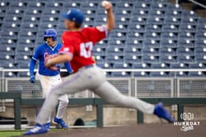 Creighton base runner Rocco Gump (15) watches the next pitch from third base during a college baseball game against the Kansas Jayhawks on Tuesday, May 5, 2026, in Omaha, Nebraska. Photo by Braden Cochran.
