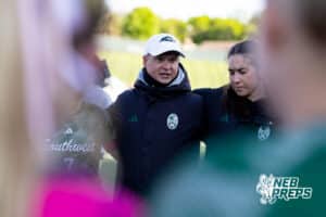 Lincoln Southwest girls soccer coach Thomas Nettleton talks to the team after the district win over Columbus during a high school soccer match on Wednesday, May 6, 2026, in Lincoln, Neb. Photo by John S. Peterson.