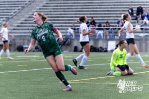 Lincoln Southwest Ansley Throener (9) scores a goal against Columbus in the first half for her third goal for the game breaking the season record for goals during a high school soccer match on Wednesday, May 6, 2026, in Lincoln, Neb. Photo by John S. Peterson.