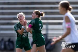 Lincoln Southwest Ansley Throener (9) celebrates scoring a goal in the first half against Columbus during a high school soccer match on Wednesday, May 6, 2026, in Lincoln, Neb. Photo by John S. Peterson.