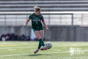 Lincoln Southwest Ansley Throener (9) scores a goal in the first half against Columbus during a high school soccer match on Wednesday, May 6, 2026, in Lincoln, Neb. Photo by John S. Peterson.