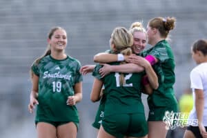 Lincoln Southwest Peyton Held (12) celebbrates her goal against Columbus during a high school soccer match on Wednesday, May 6, 2026, in Lincoln, Neb. Photo by John S. Peterson.