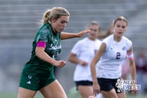 Lincoln Southwest Peyton Held (12) on the attack for a goal against Columbus in the first half during a high school soccer match on Wednesday, May 6, 2026, in Lincoln, Neb. Photo by John S. Peterson.