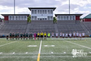 Lincoln Southwest and Columbus starters lineup for introduction before a high school soccer match on Wednesday, May 6, 2026, in Lincoln, Neb. Photo by John S. Peterson.