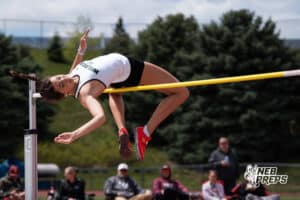 Kate Hessel clears 5 ft 6 inches on high jump during the Metro Conference T&F Meet on May 6, 2026, in Omaha, Nebraska. Photo by Brandon Tiedemann.