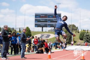Aidan Marshall jumps during the Metro Conference T&F Meet on May 6, 2026, in Omaha, Nebraska. Photo by Brandon Tiedemann.