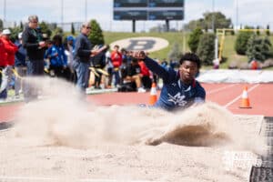 Aidan Marshall competes in the long jump during the Metro Conference T&F Meet on May 6, 2026, in Omaha, Nebraska. Photo by Brandon Tiedemann.
