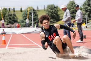 Maurice Purify lands in the sand during the Metro Conference T&F Meet on May 6, 2026, in Omaha, Nebraska. Photo by Brandon Tiedemann.