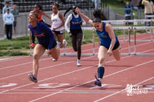 Bellevue Wests Janiyah Willis and Papillion LaVista Souths Fiona Thorne finish neck and neck during the Metro Conference T&F Meet on May 6, 2026, in Omaha, Nebraska. Photo by Brandon Tiedemann.